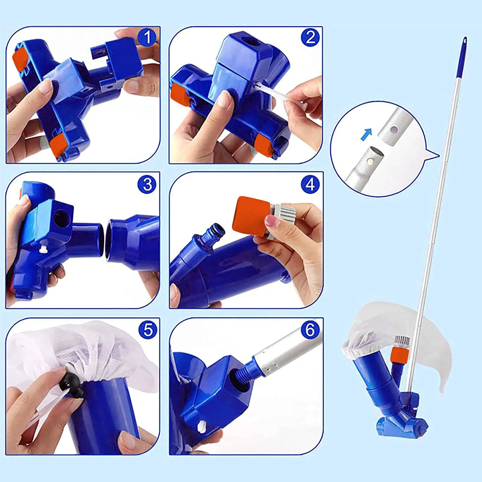 

Swimming Pool Vacuum Cleaner Set Pool Cleaner Pool Fountains Vacuum Brush,1x Suction tip,Mesh bag,Quick connector,Buckle,Inle