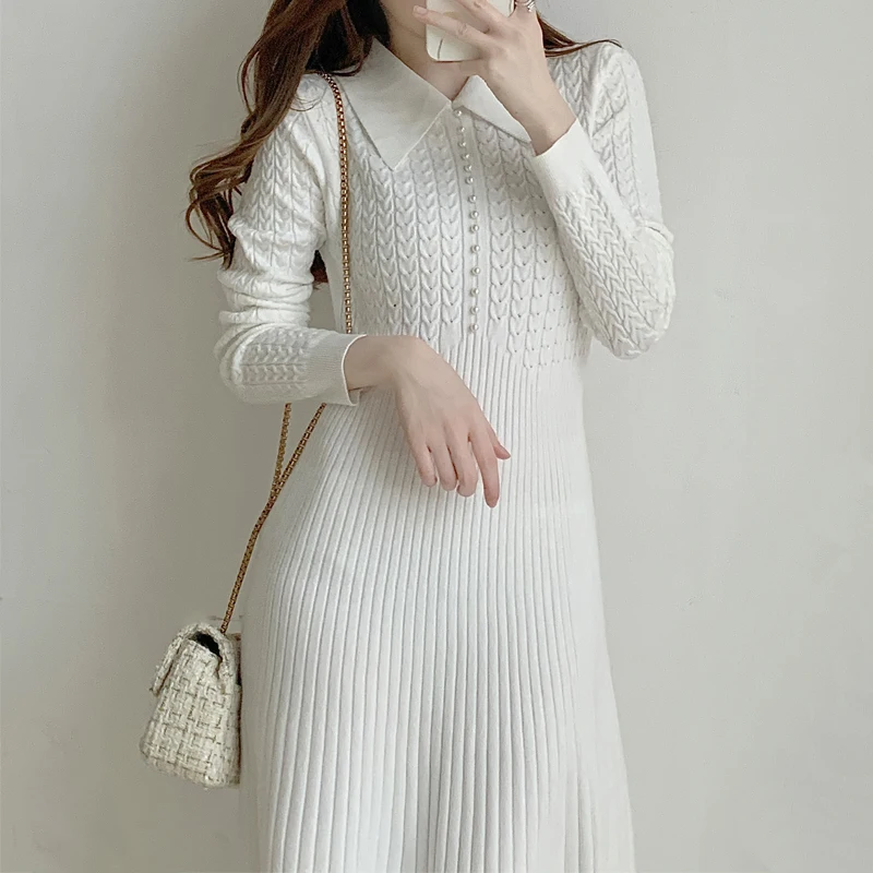 Женское трикотажное платье-миди с длинным рукавом и воротником-поло | Женская