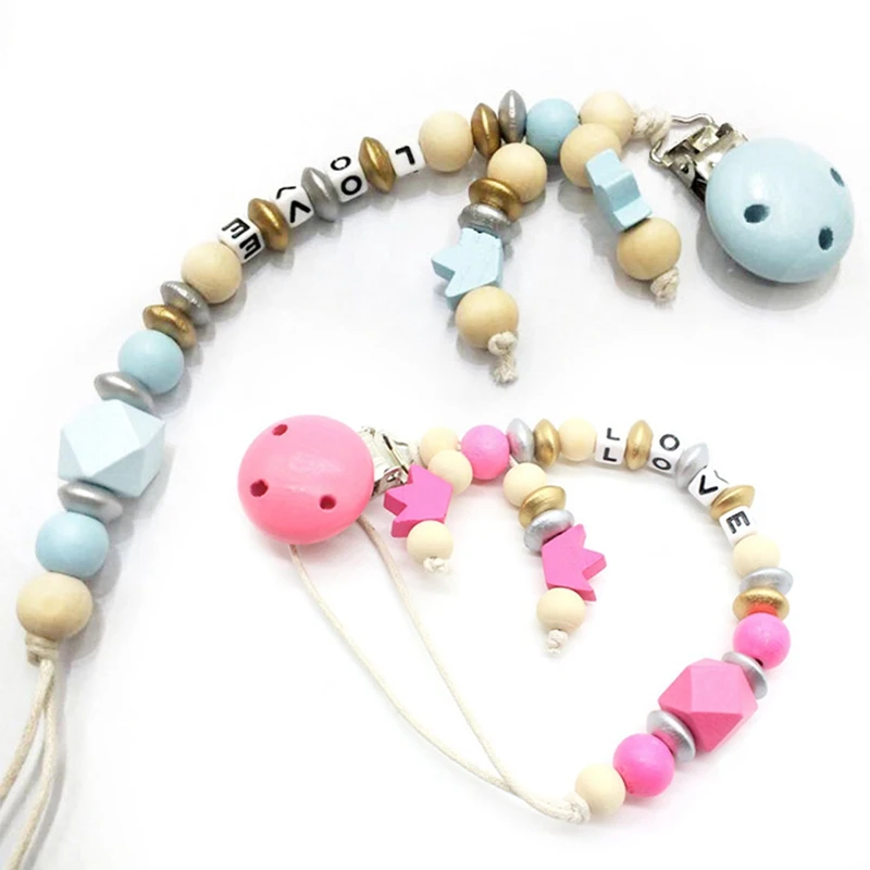 1PCS Wood Silicone Beads Baby Pacifier Clips Chain Nipple Pacifier Chain Holder Letter Charms Teether Toys Anti-Drop Chains