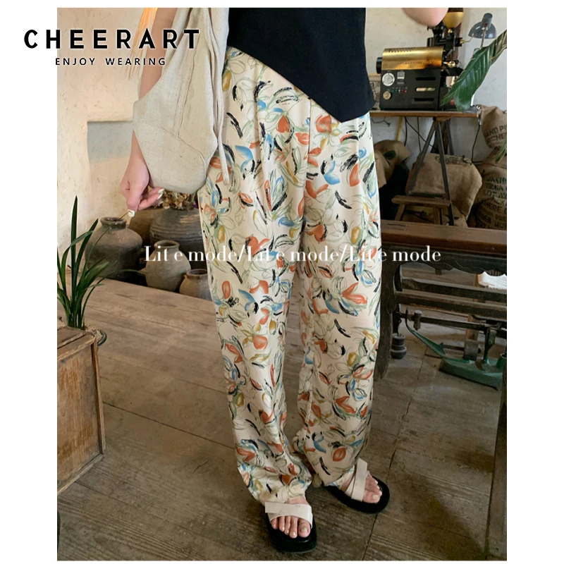 

CHEERART 2021, корейские модные летние брюки с цветочным принтом, женские брюки с высокой талией и широкими штанинами, свободные прямые брюки, нов...