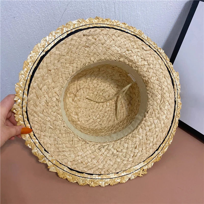 

Custom Hat Luxury Summer Raffia Straw Hand-woven Sun Hats Female Bow Ribbon Flat Cape Fitted Hat Church Dresses For Women Caps