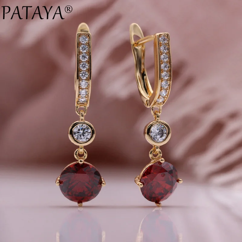 

PATAYA New Round Natural Zircon Long Drop Earrings 585 Rose Gold Color Fashion Jewelry Christmas Pomegranate Red Women Earrings