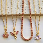 Женская многослойная цепочка Flatfoosie, ожерелье-чокер с розовыми ангельскими сердцами и кристаллами, модные ювелирные украшения