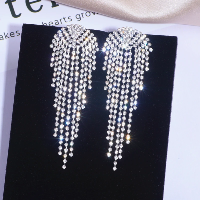 Trendy Crystal Tassel Drop Earrings For Woman Luxury Rhinestone Long Wedding Dangle Earring Female Bohemia Jewelry 2019 New | Украшения и