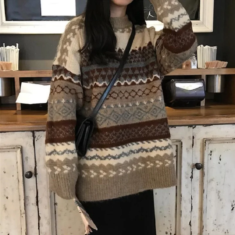 

2021 зимний женский свитер, пуловер, вязаные Джемперы, свободные полосатые Джемперы, корейский стиль, трикотажный Повседневный Топ, свитер