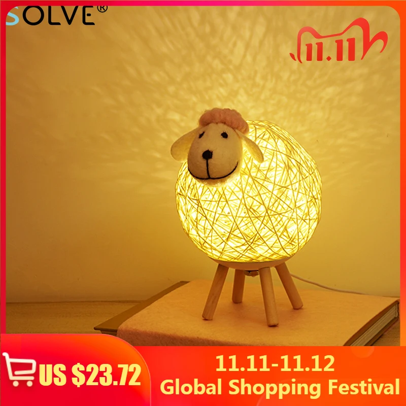 

Cute Sheep LED Night Light Hand-woven Lamp Shade Room Decoration Light Bedroom Bedside Sleep Lamp Button Dimmable Christmas gift