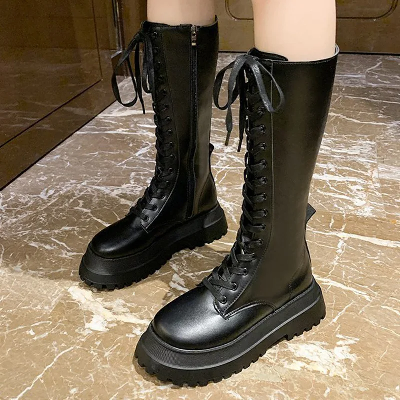 

Женские высокие сапоги до колена, черные сапоги на массивной платформе в стиле панк, со шнуровкой, на квадратном каблуке