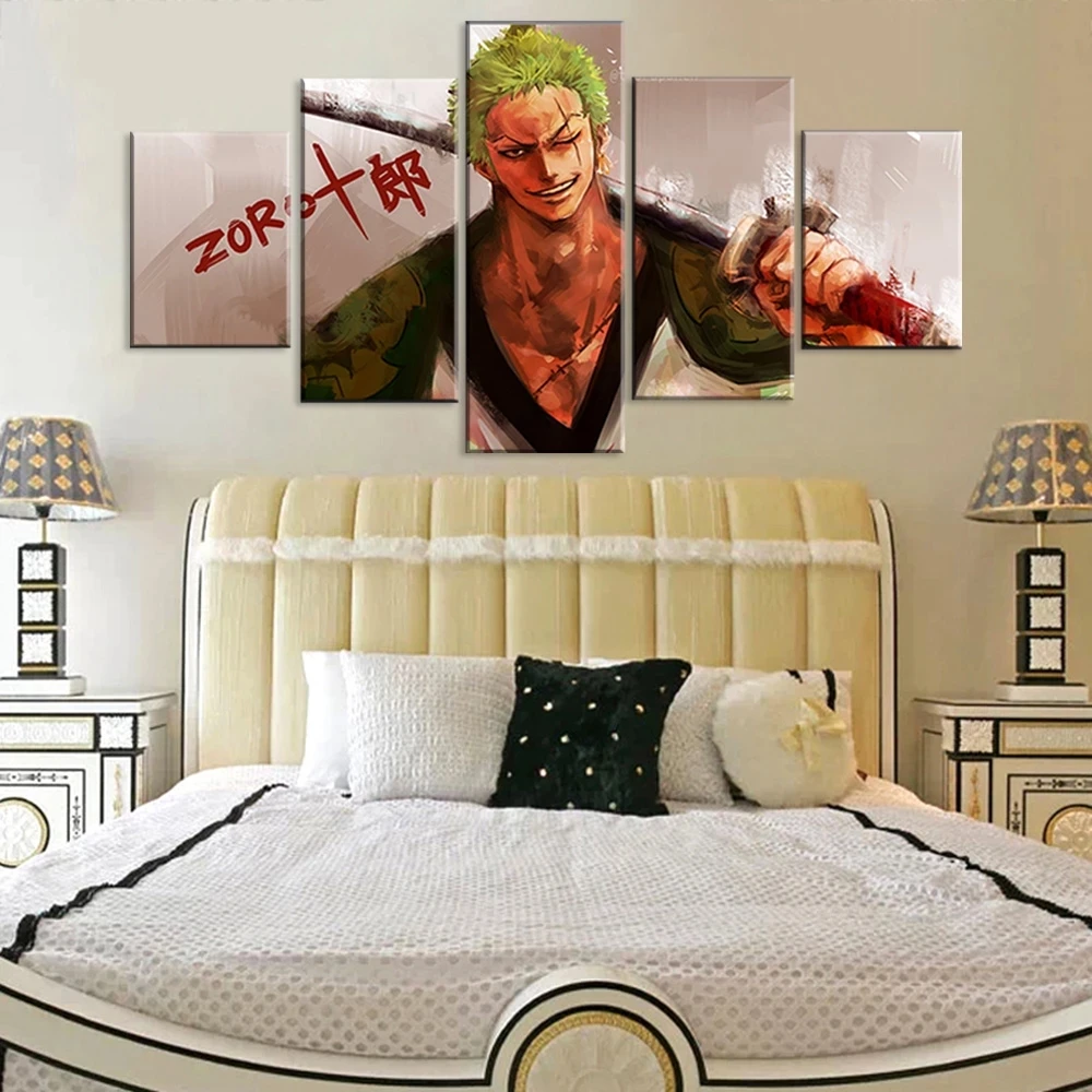 

5 Pieces Canvas Wall Arts Anime One Piece Zoro Poster Manga Painting Living Room Modular Pictures Bedroom Home Decor Framework