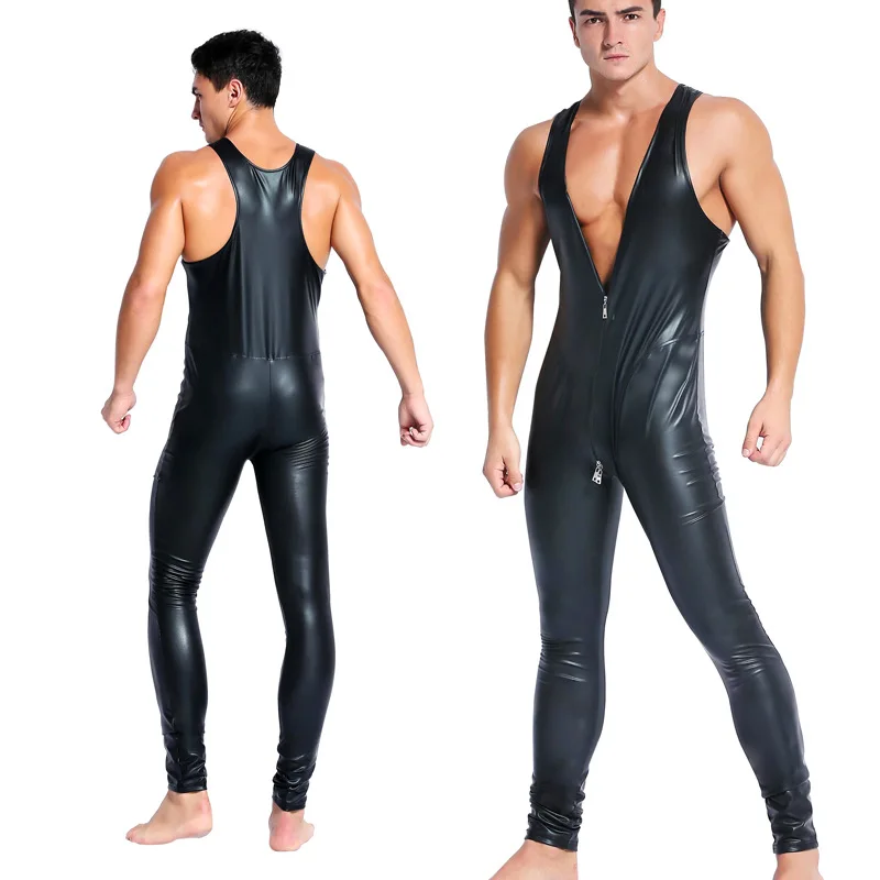 

Man Sexy Wetlook Leer Latex Catsuit Bodysuit Hot Erotische Zentai Gay Fetish Wear Pvc Kostuum 2 Weg Rits Open Kruis Clubwear