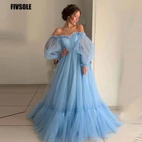 fivsole blue prom dresses long sleeves off the shoulder princess dress 2021 tulle lace up formal evening party dresses plus size