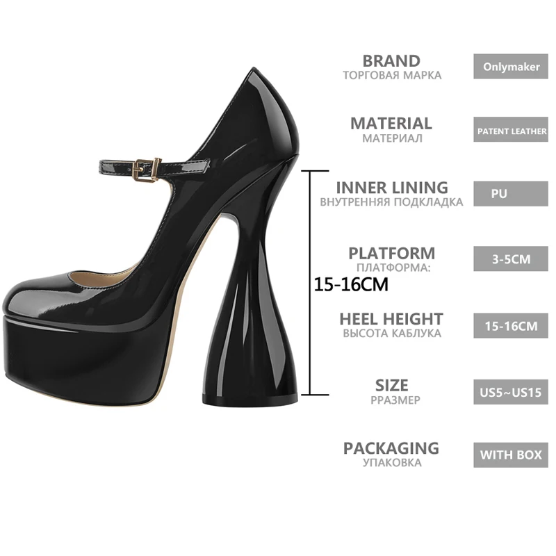 Onlymaker Women Pumps Platform Black Patent Leather Spike High Heels Slip-On Buckle Big Size Fashion Elegant Mary Jane Pumps