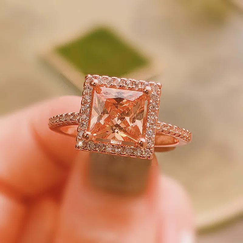 

Модное кольцо с квадратным бриллиантом, розовое золото, инкрустированное цирконом, элегантное женское кольцо, оптовая продажа