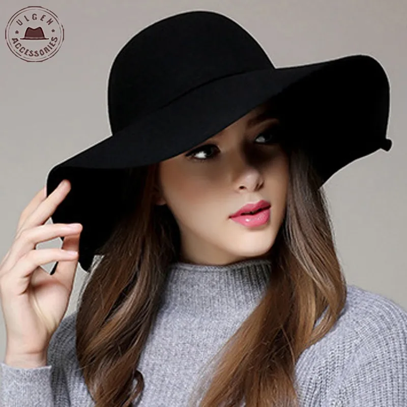 

Chapeau Hot Sale Casual Fedora Cap Wide Brimmed Dome Hats High Quality Wool Floppy Womens Black Cloche Hat