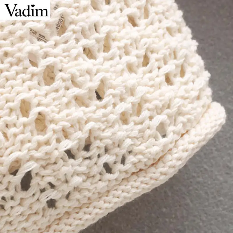 Vadim милый Женский вязаный выдалбливают сплошной свитер Длинные рукава с круглым