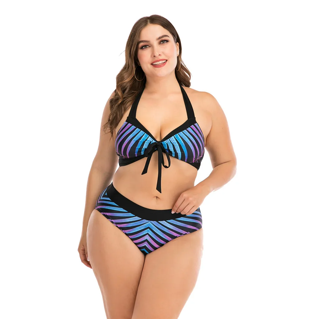 

Female Plus Size High Waist Bikini Suit Cross Lace Bandage Printing Padded Bra Bikini Split Body Swimsuit Beachwear