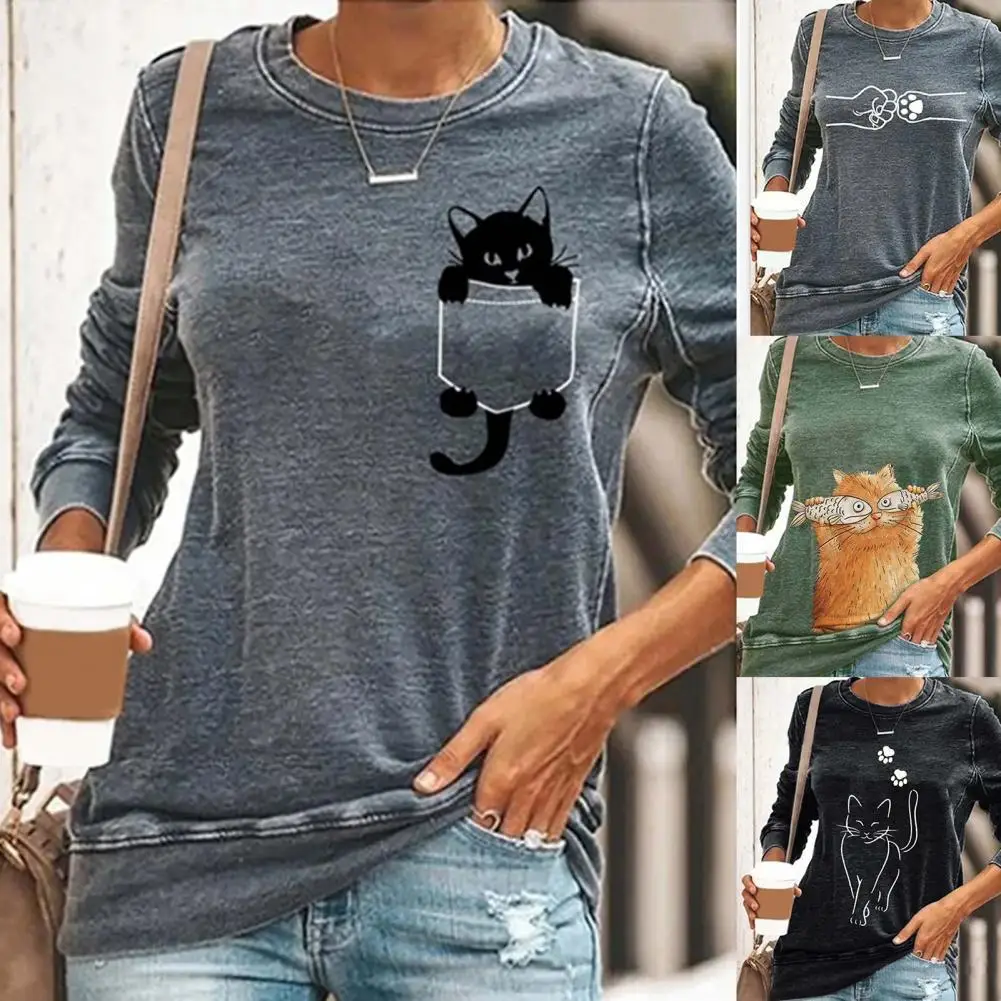 Women Blouses Cute Cats Print Polyester Long Sleeve Round Neck Pullover Casual shirt Blouse Top Women's Clothing рубашка женская