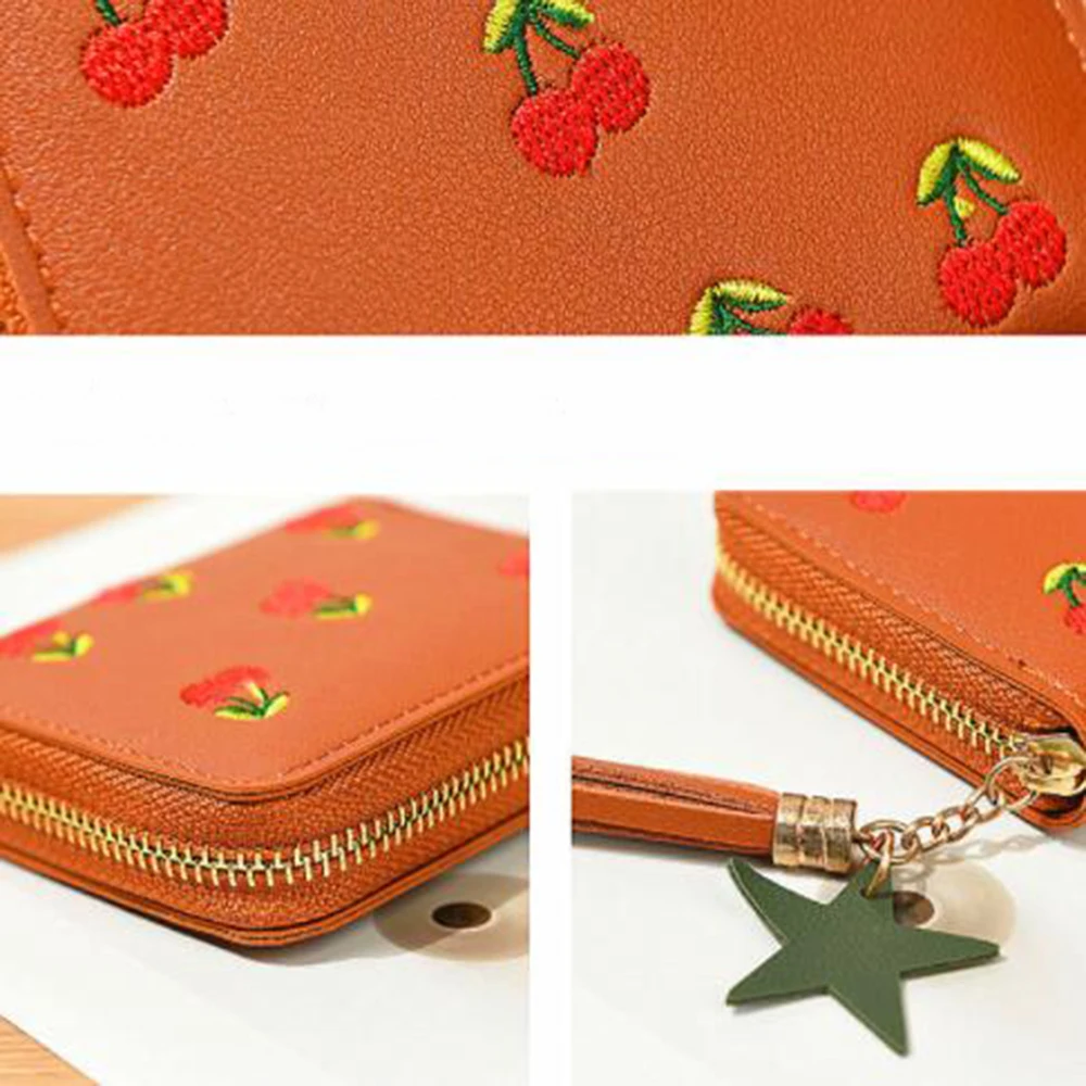 

PU Leather Cherry Embroidered Short Women Fashion Wallet Credit ID Card Holder Tassel Zipper Coin Purse Office Supply