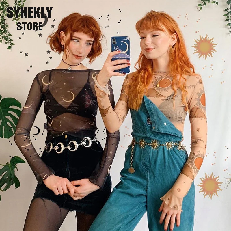 

Женский короткий топ с винтажным принтом, пикантная прозрачная сетчатая ткань с круглым вырезом, Повседневная Уличная одежда, облегающая ф...