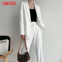 tangada elegant womens set collar dot patchwork white blazer pants set 2021 fashion suit 2 piece set coat and pants da67