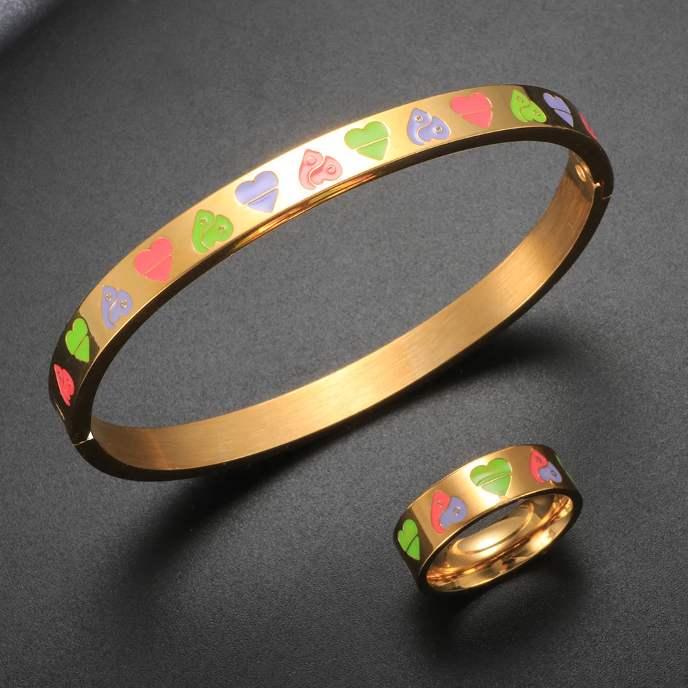 

ZMFashion Multicolor Oil Dripping Enamel Yin Yang Gossip Bracelet Bangles For Women Men Couples Love Heart Ring Jewelry Set Gift