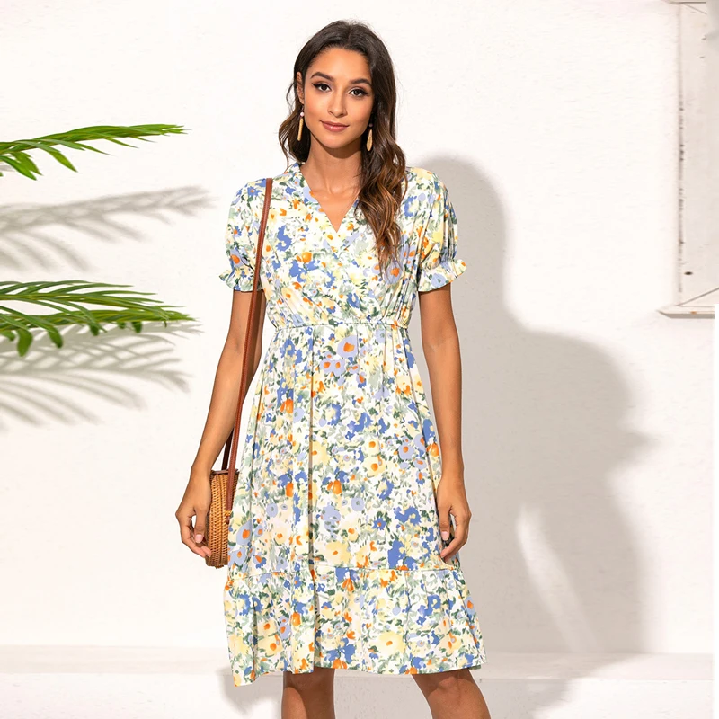 2020 Women's Summer Midi Dress Printing Oversized Vestidos Femme V Neck Short Butterfly Sleeve High Waist Elegant a Line Dresses|Женские