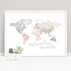 Постер для детской комнаты, настенное украшение для семьи, картина без рамки, карта мира, печать приключений, розовая Картина на холсте