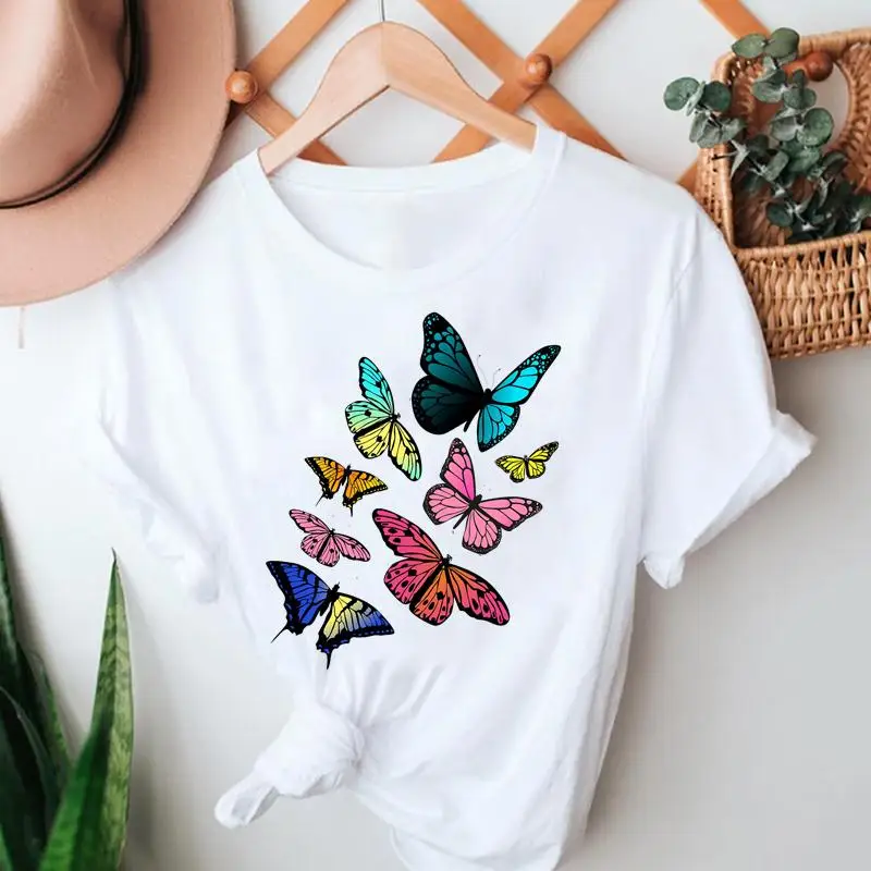 

Женские летние футболки с мультяшным принтом бабочки 2021, модная одежда с коротким рукавом, футболка с графическим рисунком, женская футболк...