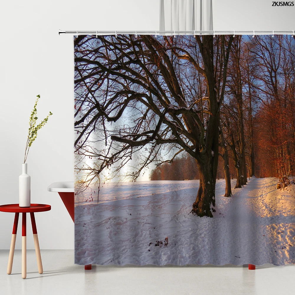 Занавеска для душа с крючками водонепроницаемая Шторка ванной изображением леса