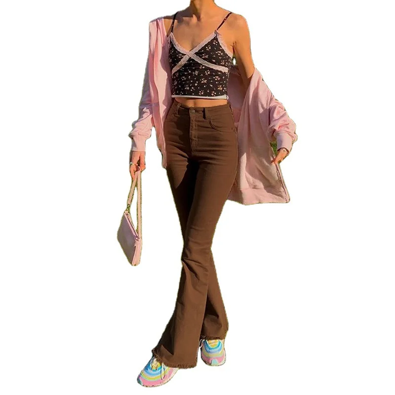 

New Women High Waist Stretch Flared Pants Jeans Khaki Black Brown y2k Women Pants Female Streetwear Vintage Denim Trousers