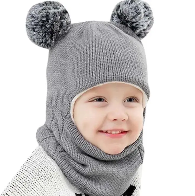 

Children Baby Fashionable Cute Double Hairball Thickened Wool Hat Solid Color Windproof Warm Knitted Hat Beanie Caps