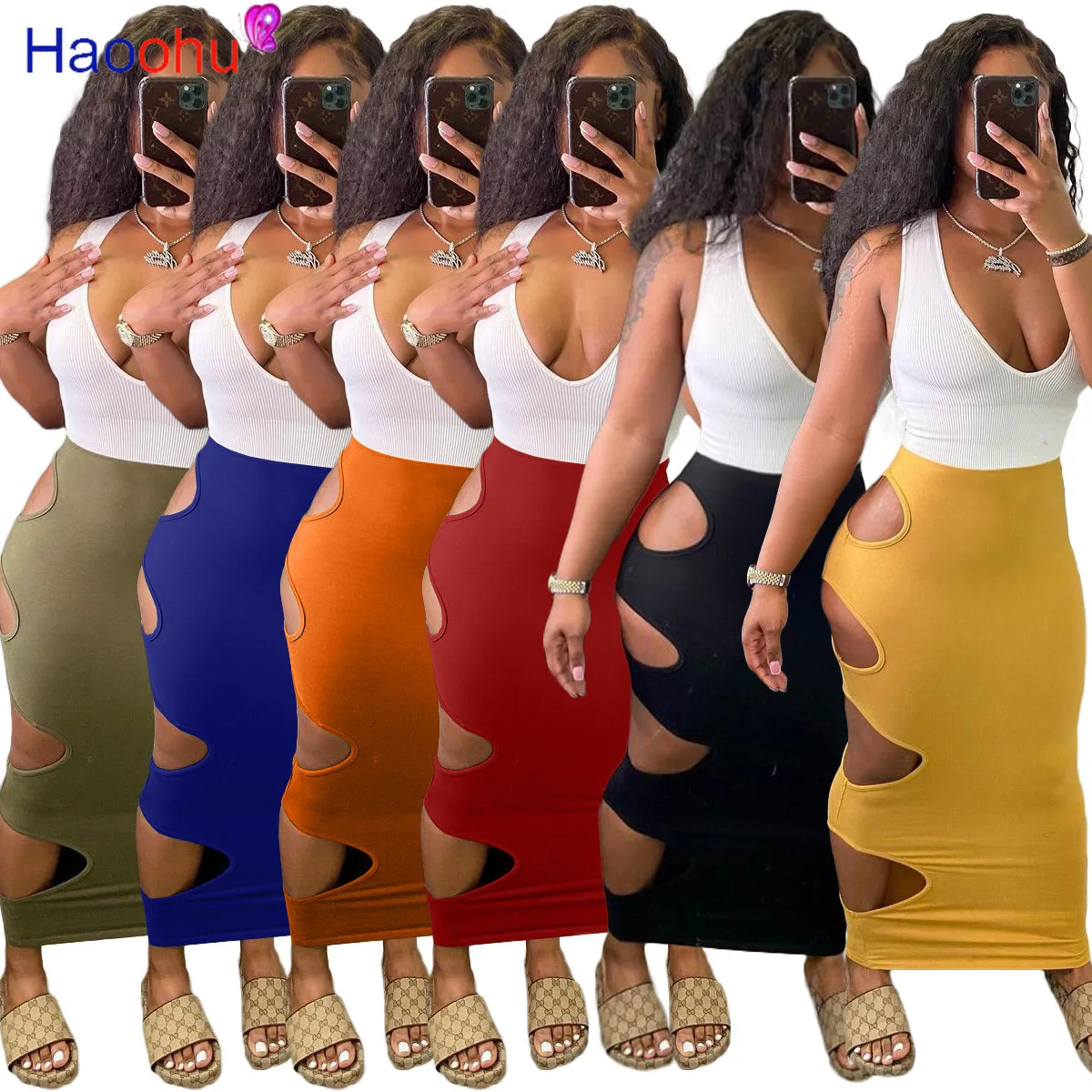 

HAOOHU Side Hollow Big Hole Bandage Bodycon Dress Summer Clothes for Women 2021 Deep V Neck Sleeveless Party Clubwear Robe Femme
