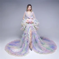 2021 long maternity dresses for photo shoot baby shower high low prom party gowns ruffles pregnancy robes puffy tulle robe ev97