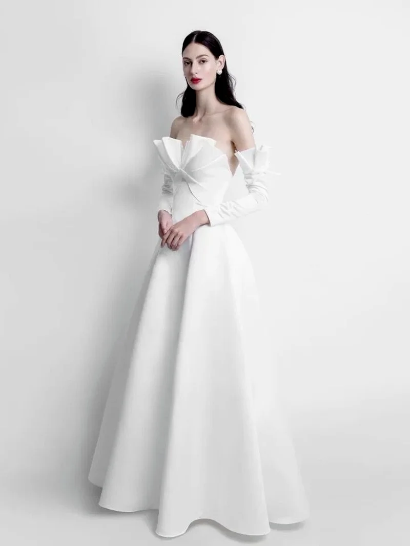 

2021 роскошное качественное модное женское платье без бретелек, Белое Атласное сексуальное благородное Элегантное свадебное платье с открыт...