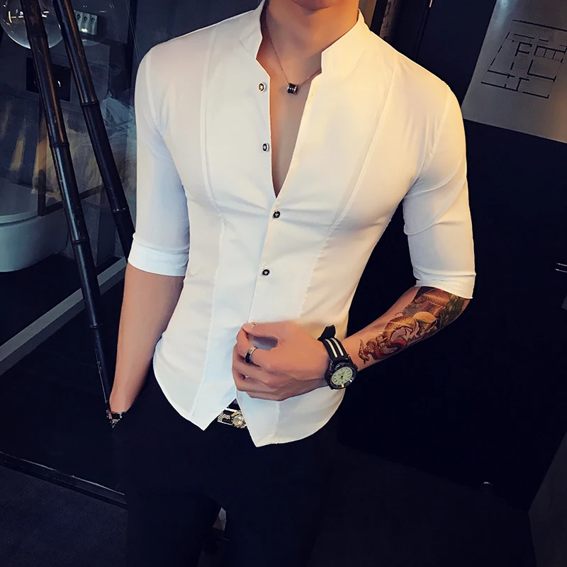 

Stand Collar Chinese Style Shirt Men Slim Fit Korea Clothes Men Half Sleeve 2018 Summer Designer Club Shirt Camisa Masculina