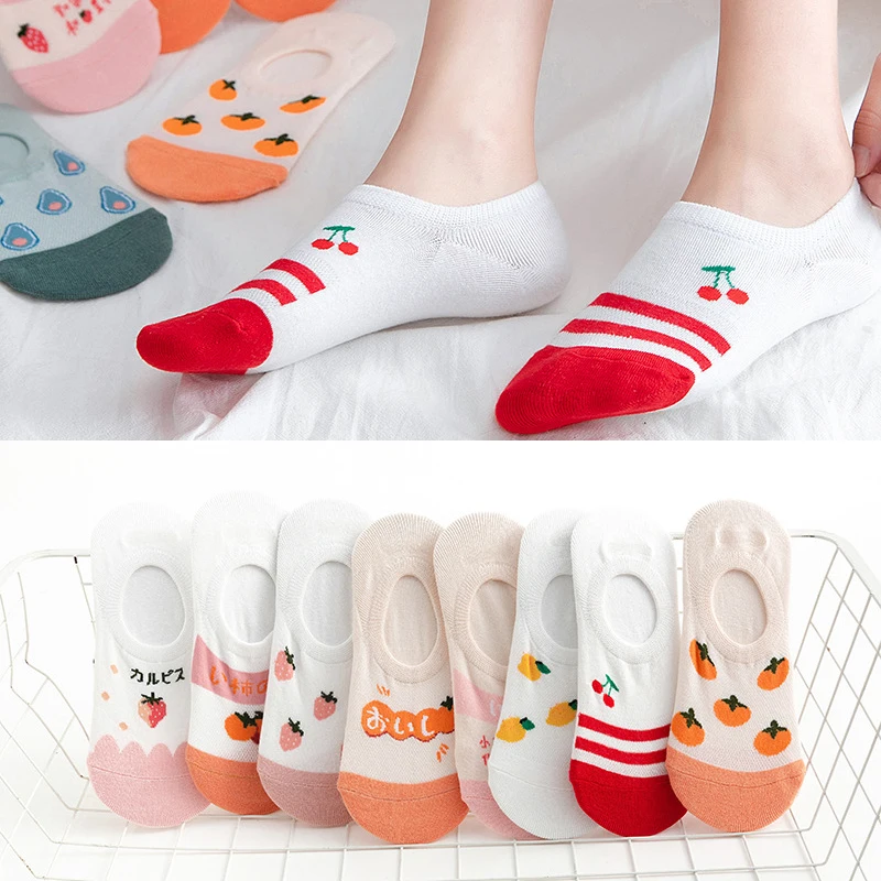 

5/4/3pairs Summer Cotton Invisible Socks Slipper for Women Girls Thin Non-slip Low Cut Socks Fruit Print Boat Socks Sokken