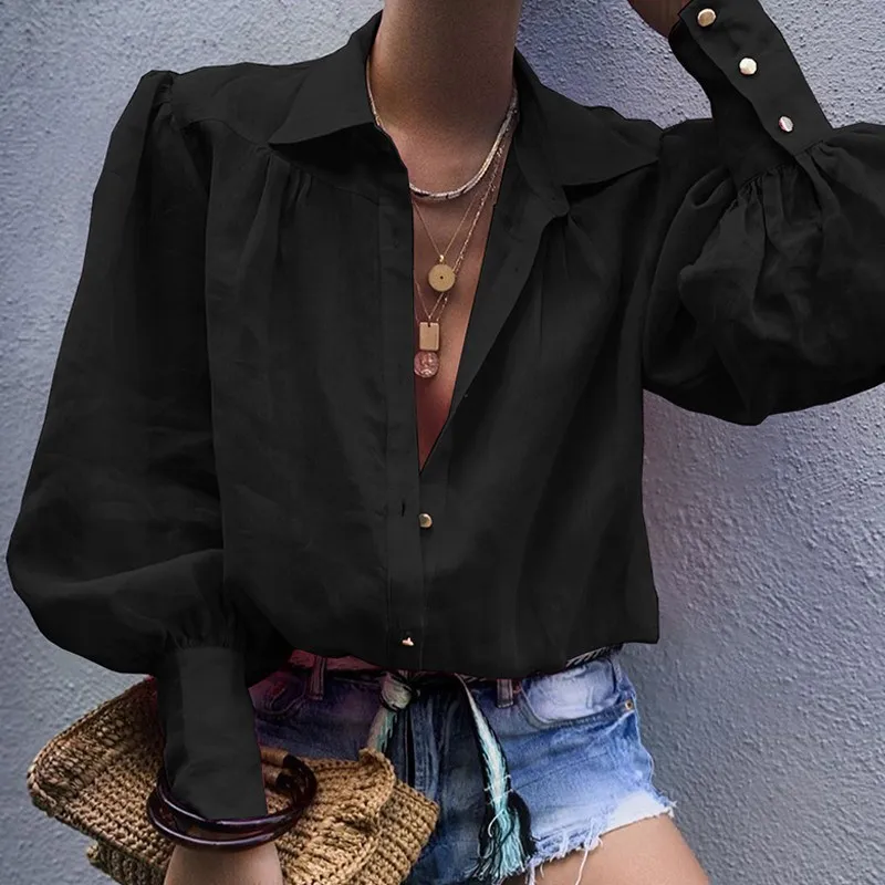 Осенняя элегантная Сексуальная Блузка с рукавом фонариком однотонная женская