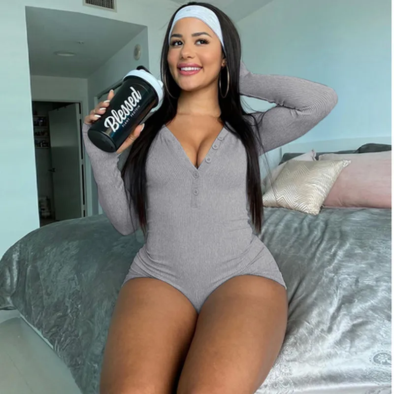 

Autumn Womens Jumpsuit Sexy Button V neck Leotard Fashion Solid Color Breasted Long-sleeved Slim Romper Tight Bottoming Bodysuit