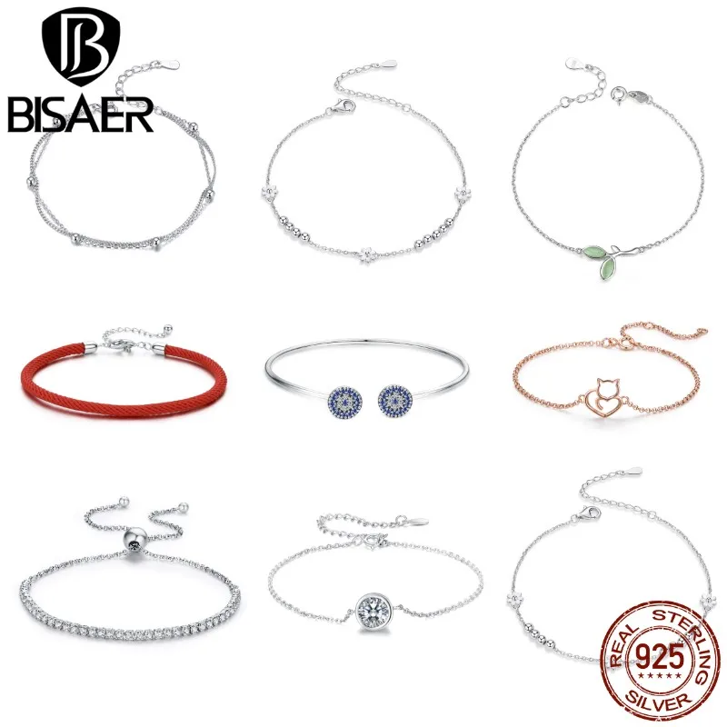 

BISAER 925 Sterling Silver Round Lucky Blue Evil Eyes Love Heart Open Cuff Bangles Women & Girl Silver Bracelets Fashion Jewelry