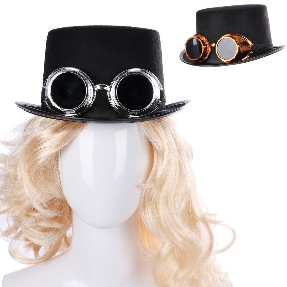 

Halloween Cosplay Carnival Costume Retro Gothic Top Hat Victorian Steampunk Black Jazz Cap with Detachable Goggles