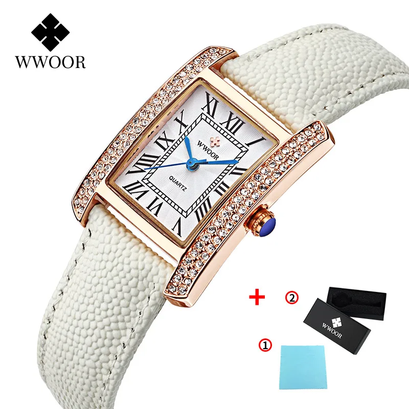 Gold Whtie WWOOR Брендовые женские Простые повседневные часы модные роскошные стильные квадратные корейские стразы водонепроницаемые наручные женские часы - Цвет: Gold Whtie
