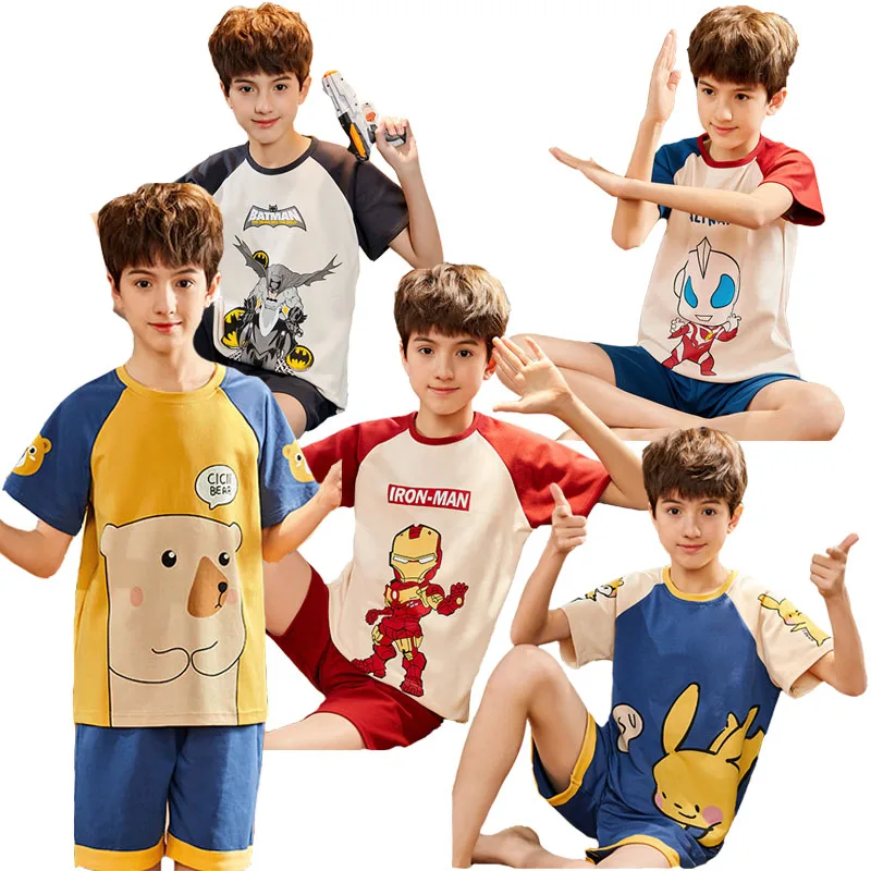 

Summer Teenager Boy 2 Pieces Sets Anime Pajamas Big Boys And Father Sleepwear Teens Homewear 2-16 Years Combination Clothes