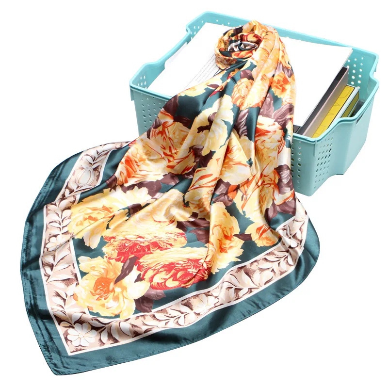 

luxury 2020 Big Bright Vintage Flowers Plants Hijab Scarf Women Floral Silk Satin Hair Handkerchief Square Wraps Head Scarves