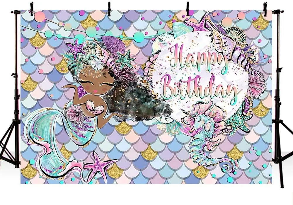 Mermaid Black Princess Birthday Pool Party Decoration Photography Backdrop Under The Sea Girl Happy Birthday Shell Banner enlarge