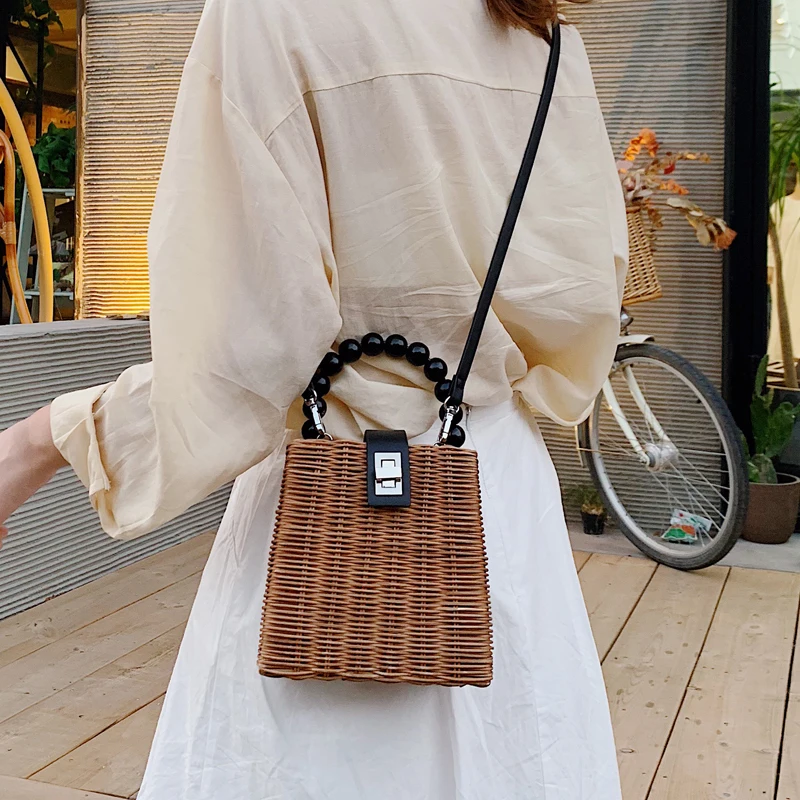 Высококачественная соломенная сумка с бусинами в стиле ретро пряжкой Женская
