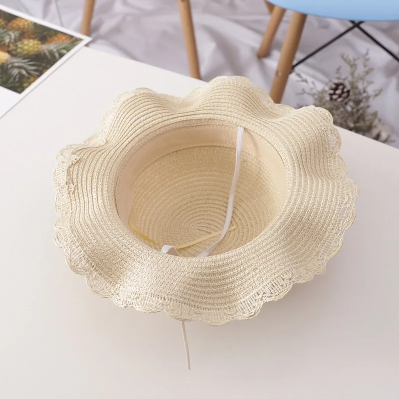 

Summer Children's Woven Straw Hat wide brim Girl strawberry princess Beach Travel Sunscreen Wave Lace Sun Cap