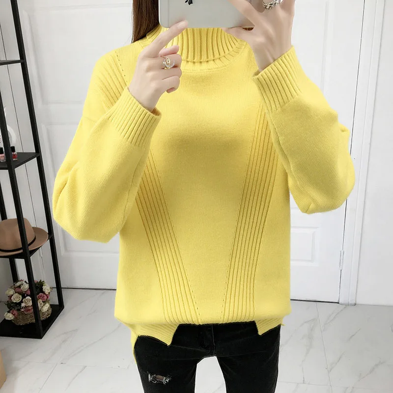 Женский Однотонный свитер с высоким воротником теплый вязаный джемпер длинными