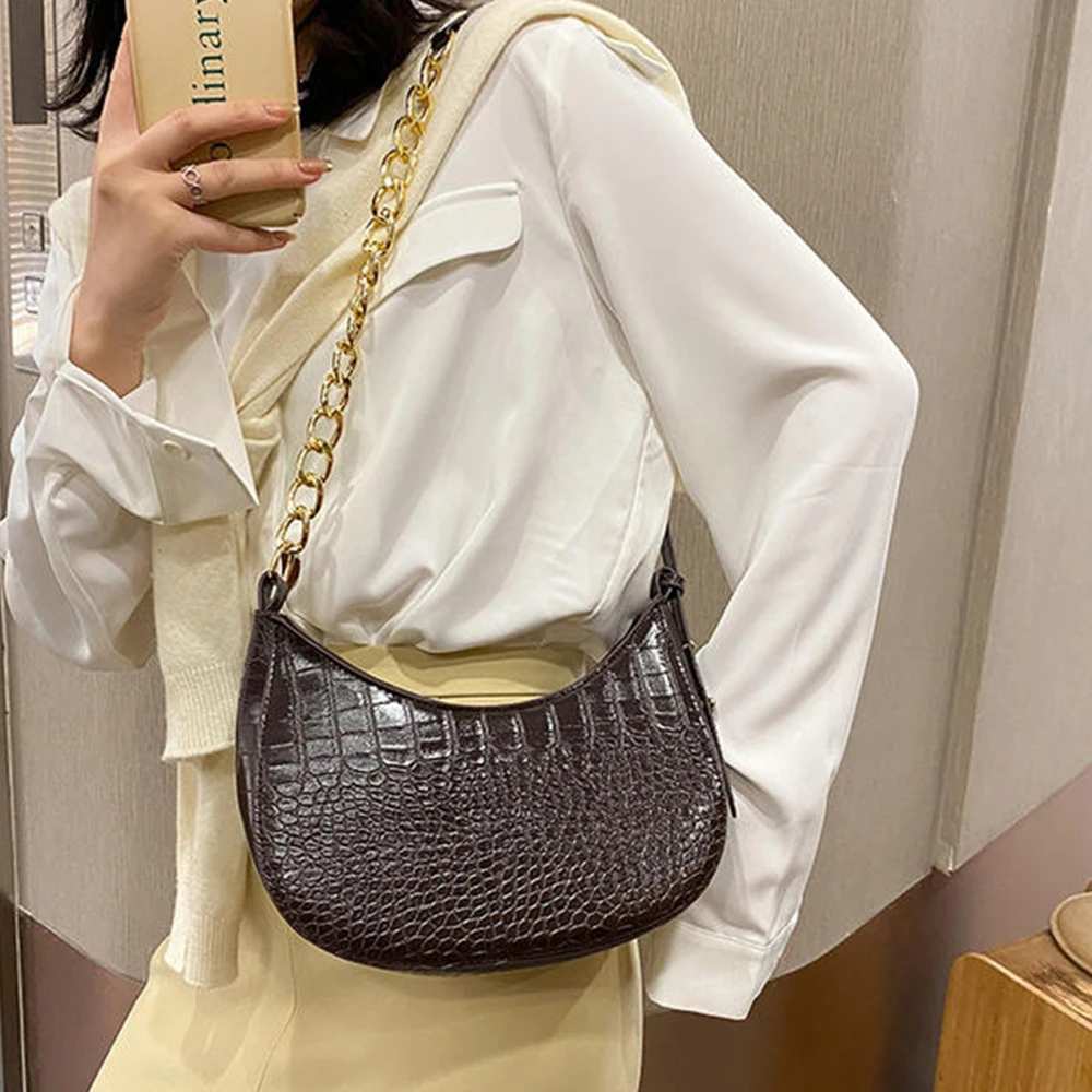 

Tote Bag for Women Luxury Designer Crocodile Pattern Chain Shoulder Bags Trend Pu Leather Handbag Fashion Baguette Shape Bag