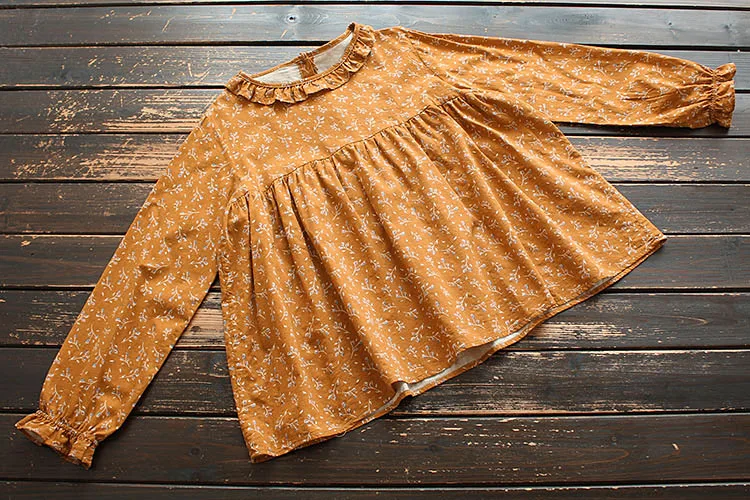 

8793 New Spring Women Tops Japan Style Literary Long Sleeve Ruffle Collar Print Loose Women Shirt