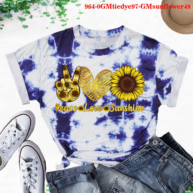 

Peace Love Sunflower T-shirt Cute Sunflower Graphic Tee Ladies Tie Dye Tee T Shirts Women Vintage Aesthetic Tops Woman Clothing