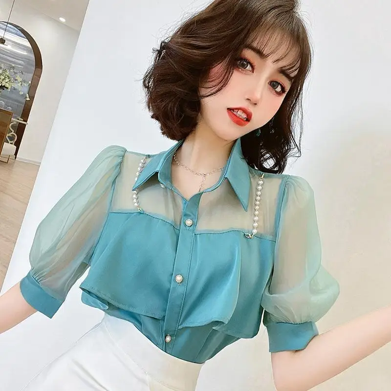

Chiffon shirt pearl chain design shirt women's new style pure color shirt in summer 2021